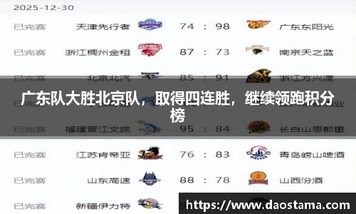 广东队大胜北京队，取得四连胜，继续领跑积分榜